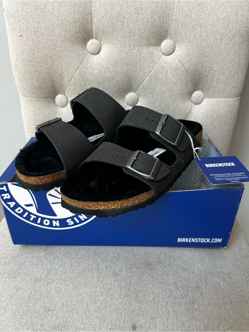 New Birkenstock Black Arizona Shearling Slide Sandals Leather 38